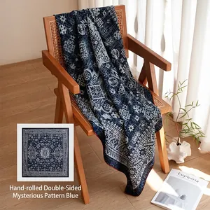 Luxurious blue hand-rolled silk wool scarf with mystic double-sided patterns