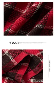 Macro detail of soft red and brown checkered fabric texture for winter scarf.