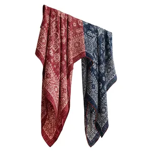 Luxurious large silk and wool blend square scarf featuring double-sided vintage geometric patterns