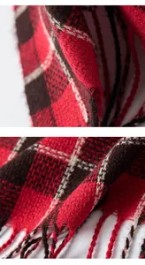 Macro detail showing soft knitted texture and colorful fringe of red and black plaid scarf