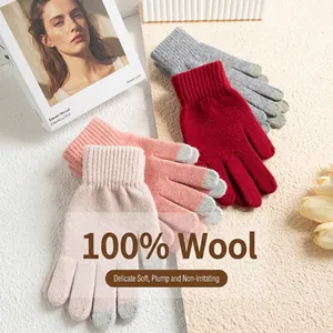 Dames Wol Handschoenen Winter Warm Gebreid Touchscreen Handschoenen met Volledige Vingers voor Woon-werkverkeer Fietsen Buiten Elegant Roze Grijs