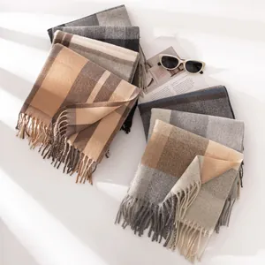 Cozy plaid cashmere-like winter scarves with elegant fringe detail for men and women
