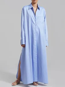 Elegant French style light blue long shirt dress with side split for beach vacation