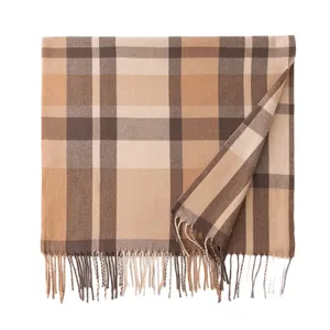 Classic plaid faux cashmere winter scarf with tassel fringe for men and women
