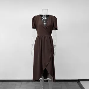 Elegant brown short-sleeved V-neck midi dress with wrap design and textured fabric