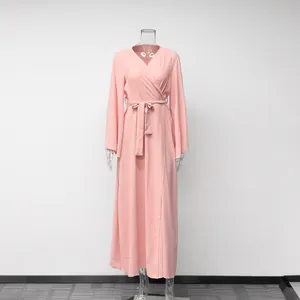 Elegant pink long-sleeved wrap maxi dress with waist tie, minimalist autumn loungewear