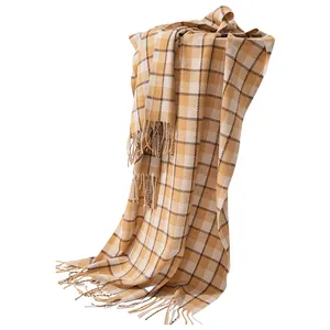 Cozy retro Maillard plaid scarf for women featuring soft tassels for winter warmth