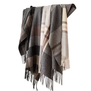 Classic grey checkered cashmere-feel scarf with elegant tassels for winter warmth and fashion