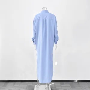Back view of a light blue French style long shirt dress featuring elegant side splits