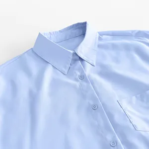 Detail view of light blue French style shirt dress featuring collar and buttons
