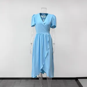 Elegant sky blue V-neck short-sleeved MIDI dress featuring a ruffled hem and wrap style