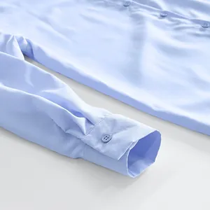 Close-up macro detail showing the cuff and buttons of a light blue French style shirt dress