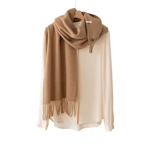Elegant solid camel imitation cashmere scarf with long tassels for winter warmth