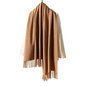 Elegant solid camel wool scarf with fringe detail for autumn and winter warmth shawl