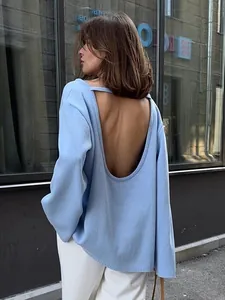 Gros plan sur un pull en maille dos nu bleu clair avec un design dos nu en U profond.