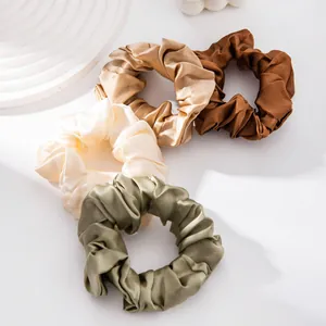 Set of 4 large solid color silk scrunchies in elegant earth tones for women