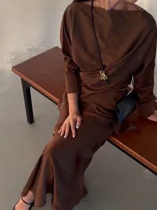 Elegant chocolate brown satin evening dress two-piece set featuring boat neck design