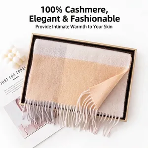 Elegant 100% pure cashmere large plaid scarf for women, thick and warm winter shawl wrap.