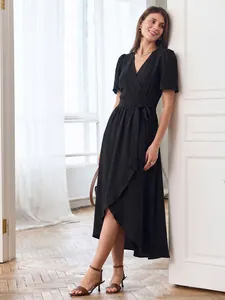 Elegant black short-sleeved wrap dress with a belted waist and high-low midi hemline
