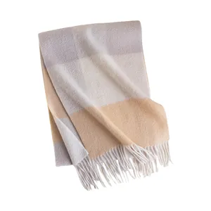 Winter thick checkered scarf with tassels in yellow and grey cashmere-feel fabric