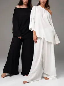 Femmes Minimaliste Français Lounge Haut Et Bas Oversize Ample Décontracté Tenue De Maison Polyester Patchwork Pyjama Manches Longues