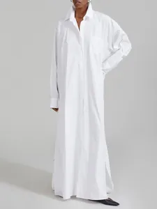 Elegant French style white oversized maxi shirt dress featuring side slits and collar