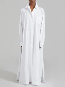 Full view of white French style maxi shirt dress with side slits and chest pocket
