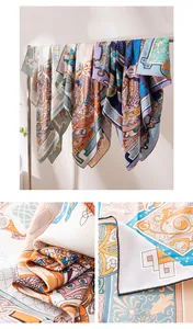 Detail of premium mulberry silk scarf showing vintage print and hand-rolled edge.