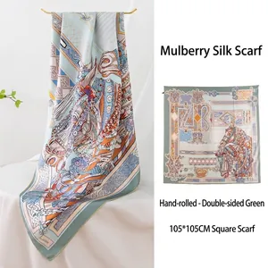 Luxury Mulberry Silk Square Scarf Equestrian Pattern Hand Rolled Edge Double Sided Printed Large Shawl Scarf Women Silk Scarf