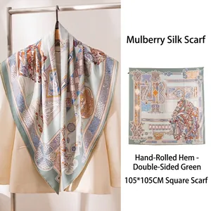 Elegant mulberry silk square scarf with horse print and hand-rolled edges 105cm