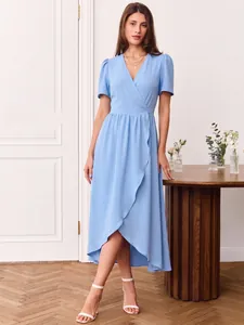 Elegant light blue short-sleeved wrap midi dress with asymmetrical hem for women summer