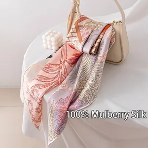 Elegant double-sided floral printed 100% mulberry silk scarf, premium luxury wrap.