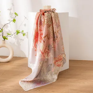 Luxurious double-sided printed pure silk large square scarf with tropical floral pattern.