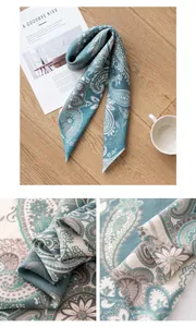 Close-up detailed view of blue paisley twill silk wool blend scarf fabric texture