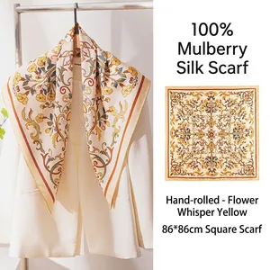 Luxury 100% Mulberry Silk Square Scarf Hand-Rolled Edge Double-Sided Baroque Floral Printed Twill Silk Scarf For Women