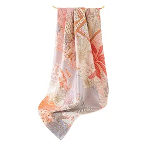 Elegant double-sided mulberry silk square scarf with pink tropical floral print motifs