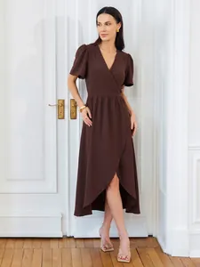 Elegant brown short sleeve wrap midi dress with asymmetrical hem and V-neck for women