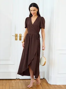 Elegant brown short sleeve wrap maxi dress for women summer fashion and casual look.