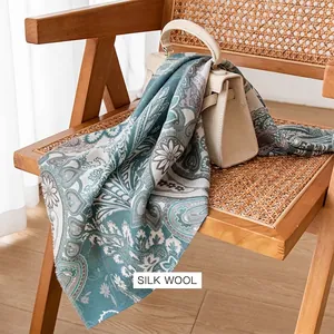 Blue paisley silk wool scarf, 65cm large square shawl for women