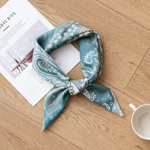 Elegant blue paisley silk-wool blend scarf, 65cm square lightweight shawl for women