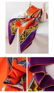 Close-up of luxury mulberry silk printed square scarf showing vibrant colors and texture