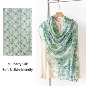 Sciarpa Lunga da Donna in Seta di Gelso Stampa Floreale Estate Sottile Verde Boho Avvolgente Sciarpa di Seta per Viaggio