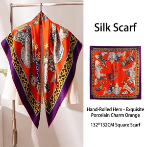 Mulberry Silk Large Square Scarf Hand Rolled Printed Luxury Silk Shawl For Women Classical Porcelain Floral Pattern Scarf