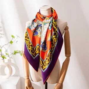 Luxury mulberry silk printed square scarf with orange and purple baroque patterns