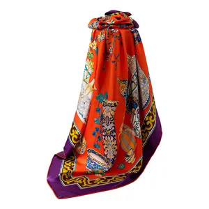 Elegant mulberry silk square scarf featuring vibrant orange vintage floral and vase prints.