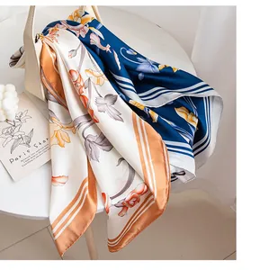 Detailed view of luxury mulberry silk square scarf with vintage camellia floral pattern prints