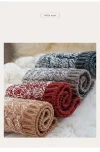 Close-up of assorted 100% wool cable knit beanies with pom poms