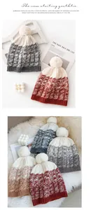 Assorted colors of 100% wool knitted beanies with soft pom-poms shown in detail