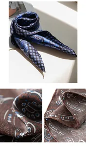 Close-up detail showing luxury paisley silk square scarf with elegant floral pattern
