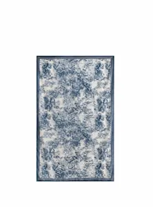 Vue détaillée d'une écharpe en soie avec motif Toile de Jouy classique bleu et blanc